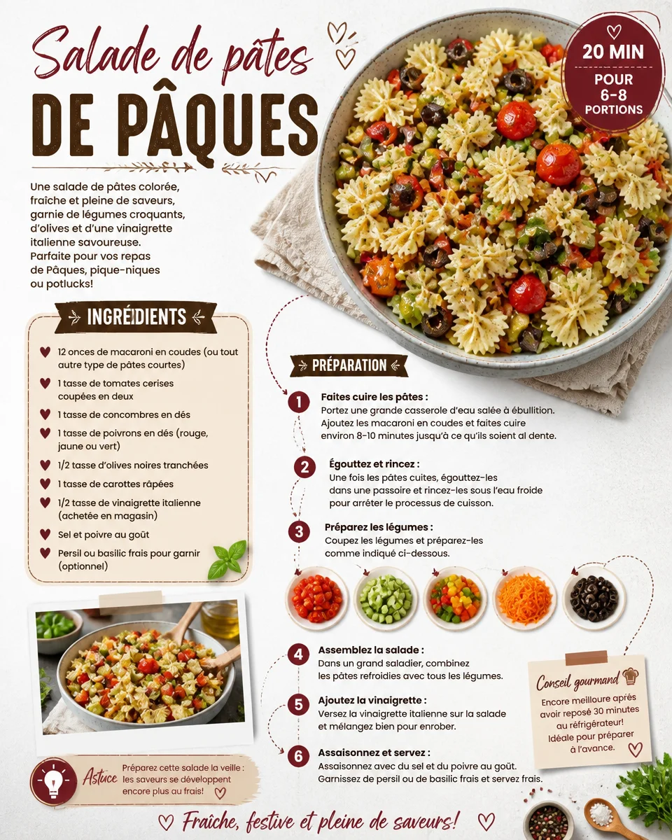 Salade de pâtes de Pâques colorée avec légumes frais et vinaigrette