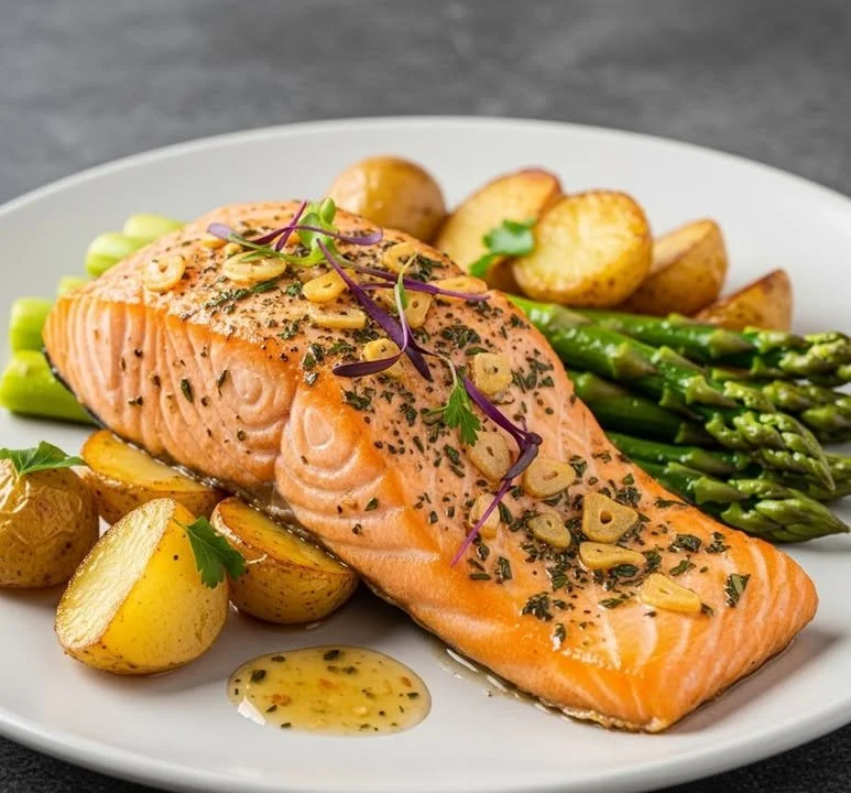 Saumon &agrave; l'ail et aux herbes avec des asperges et des pommes de terre