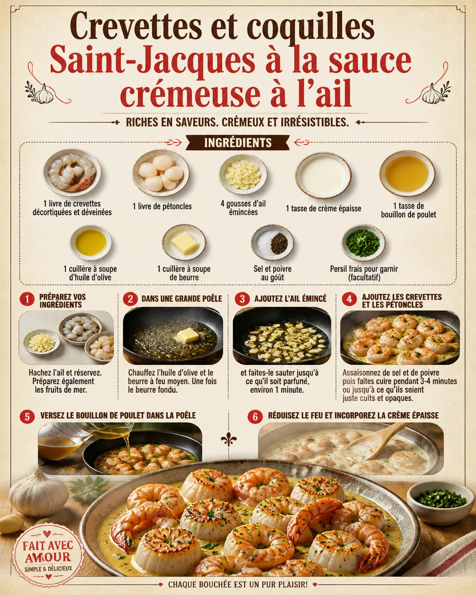 Crevettes et coquilles Saint-Jacques dans une sauce crémeuse à l'ail