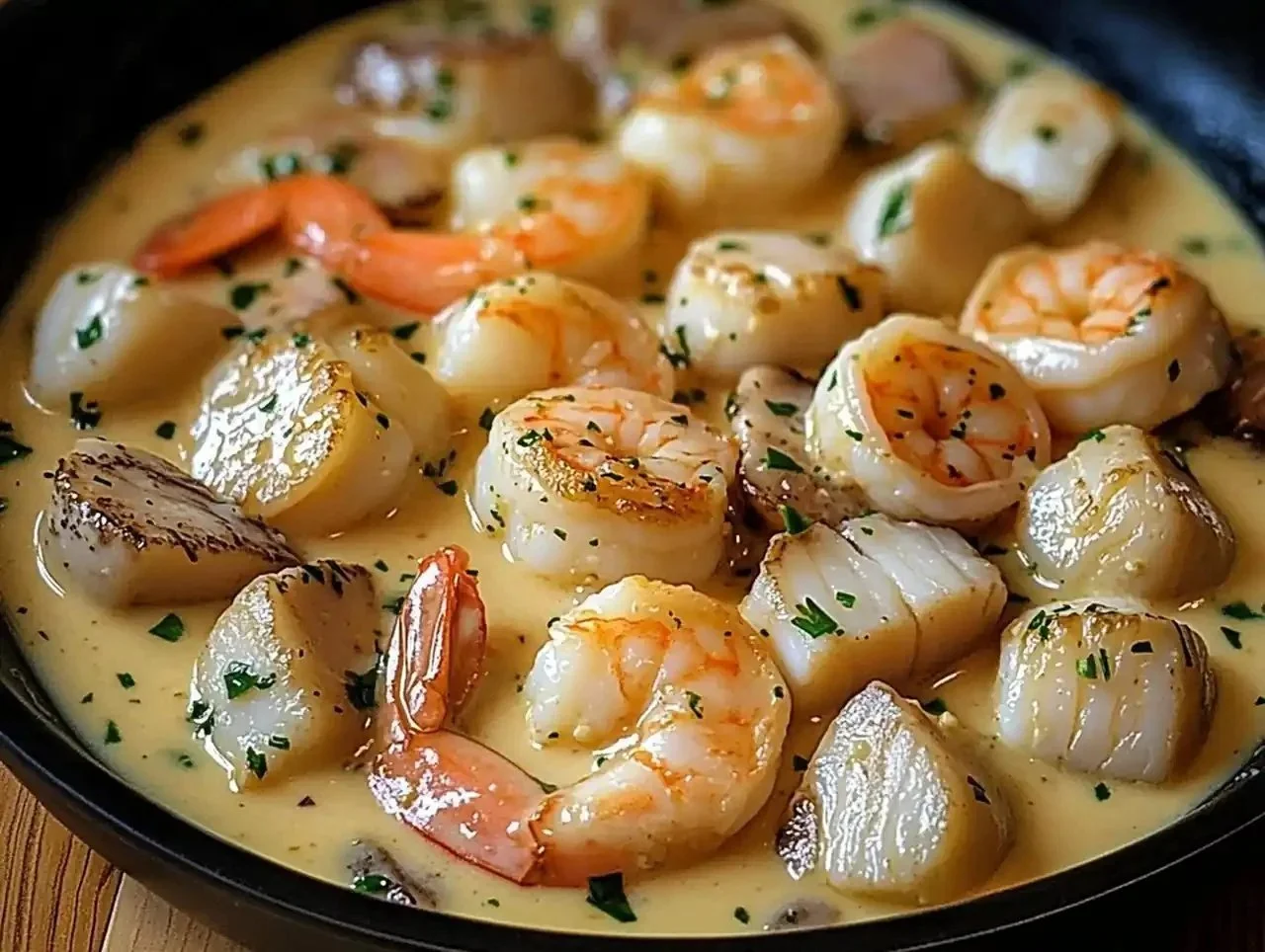 Shrimp and scallops in creamy garlic sauce