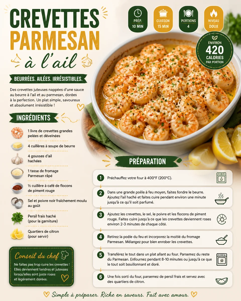 Shrimp Parmesan à l'ail, un plat délicieux de crevettes au fromage.