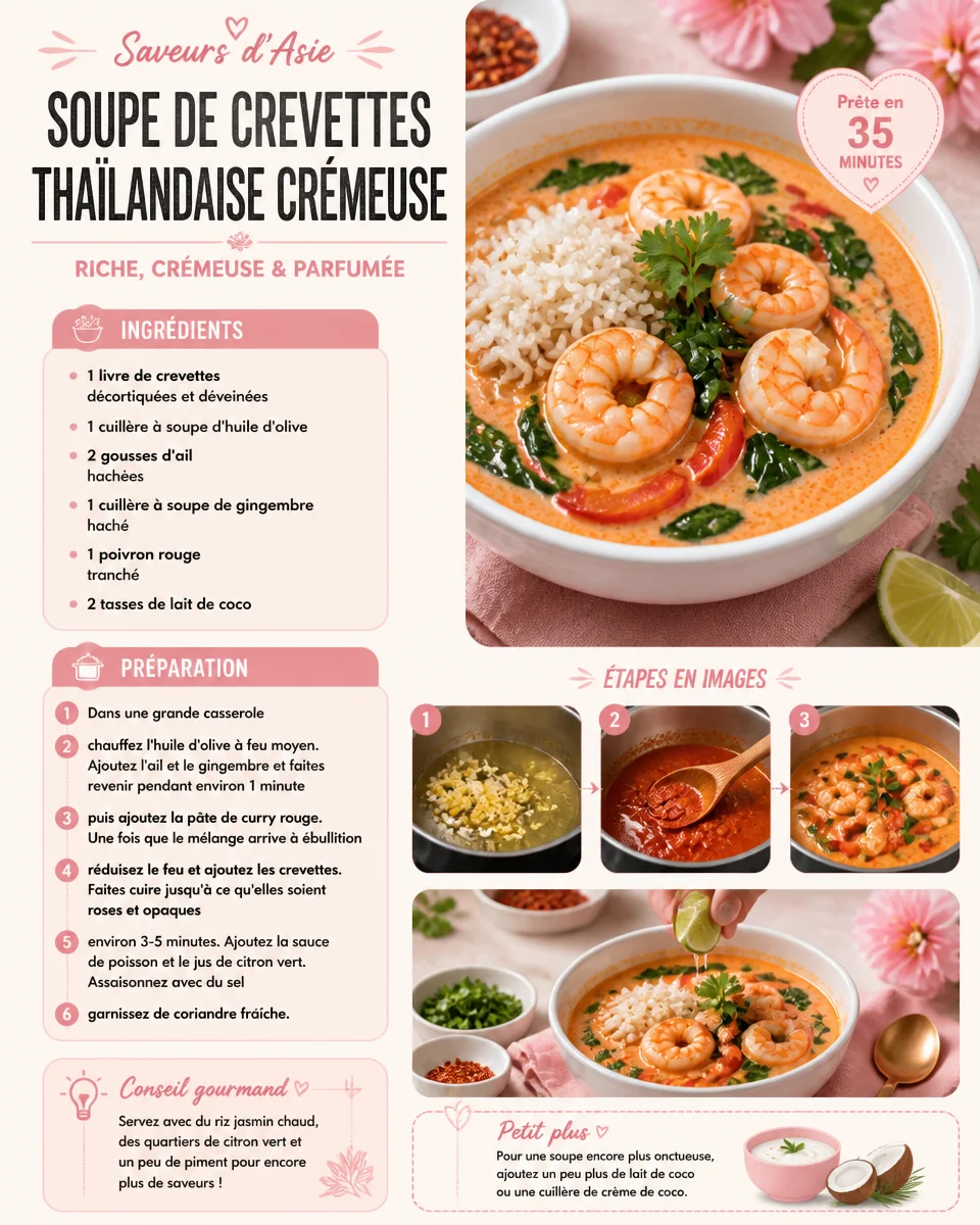 Soupe crémeuse de crevettes thaïlandaise servie dans un bol