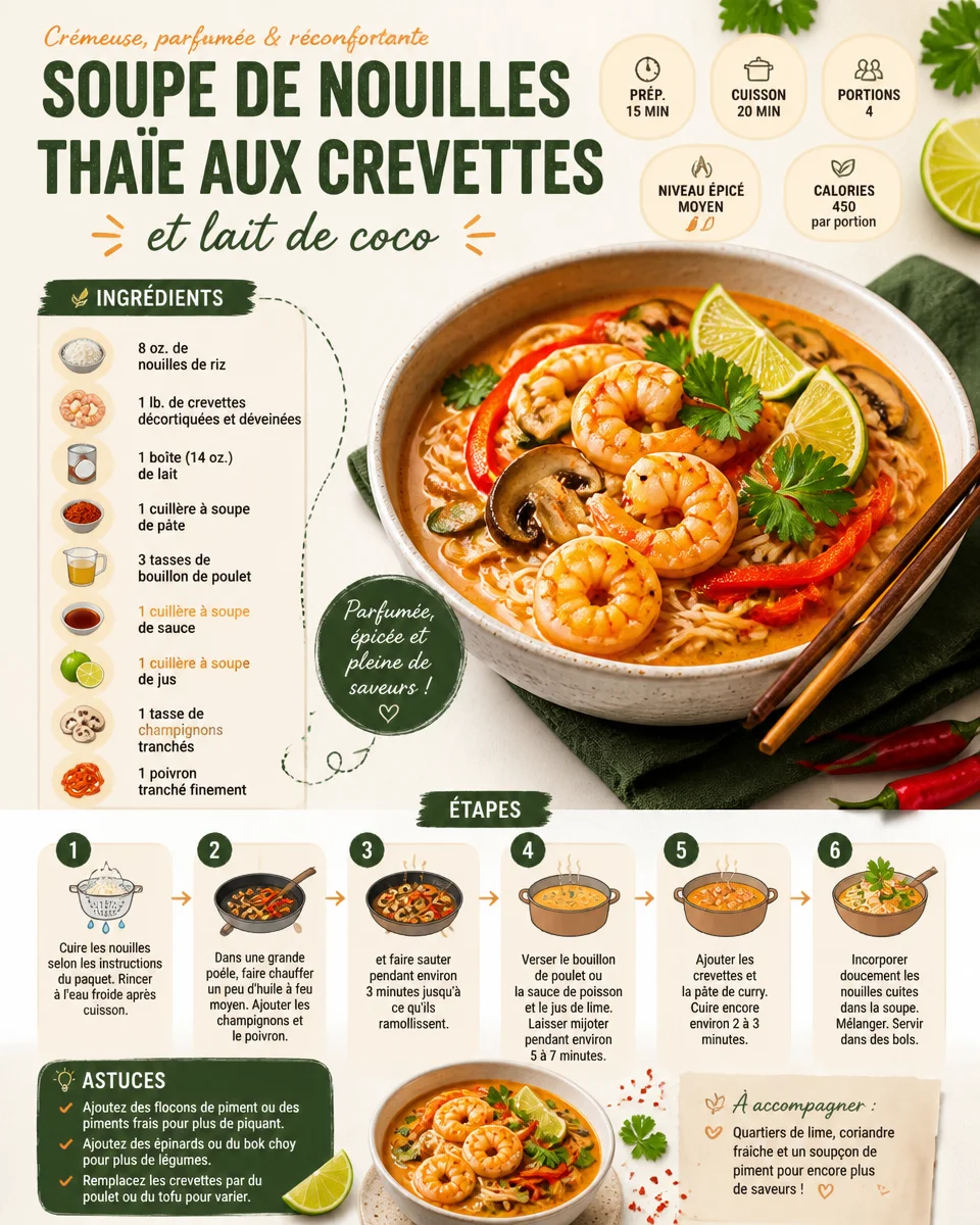 Recette de soupe thaïe aux nouilles, crevettes et lait de coco.