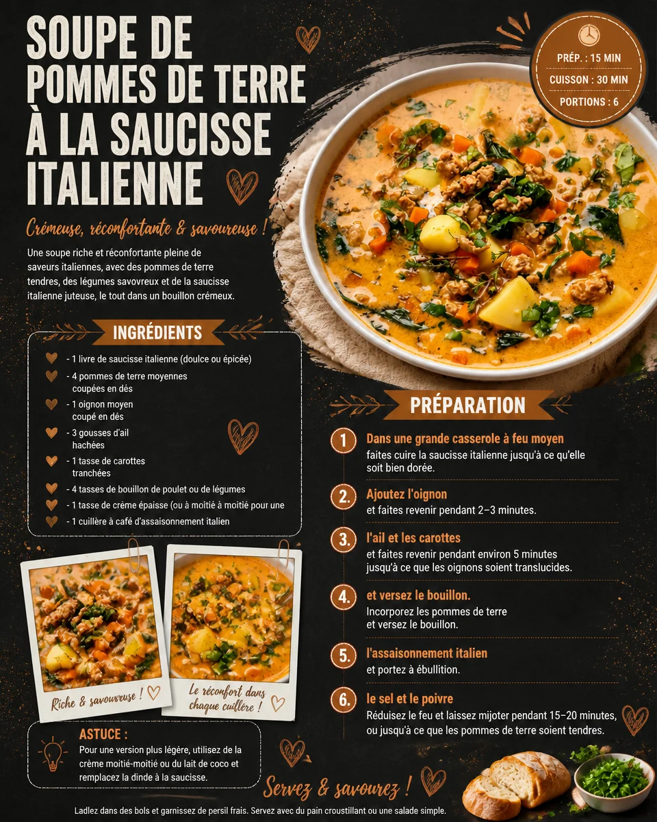 Soupe de pommes de terre à la saucisse italienne servie dans un bol noir.
