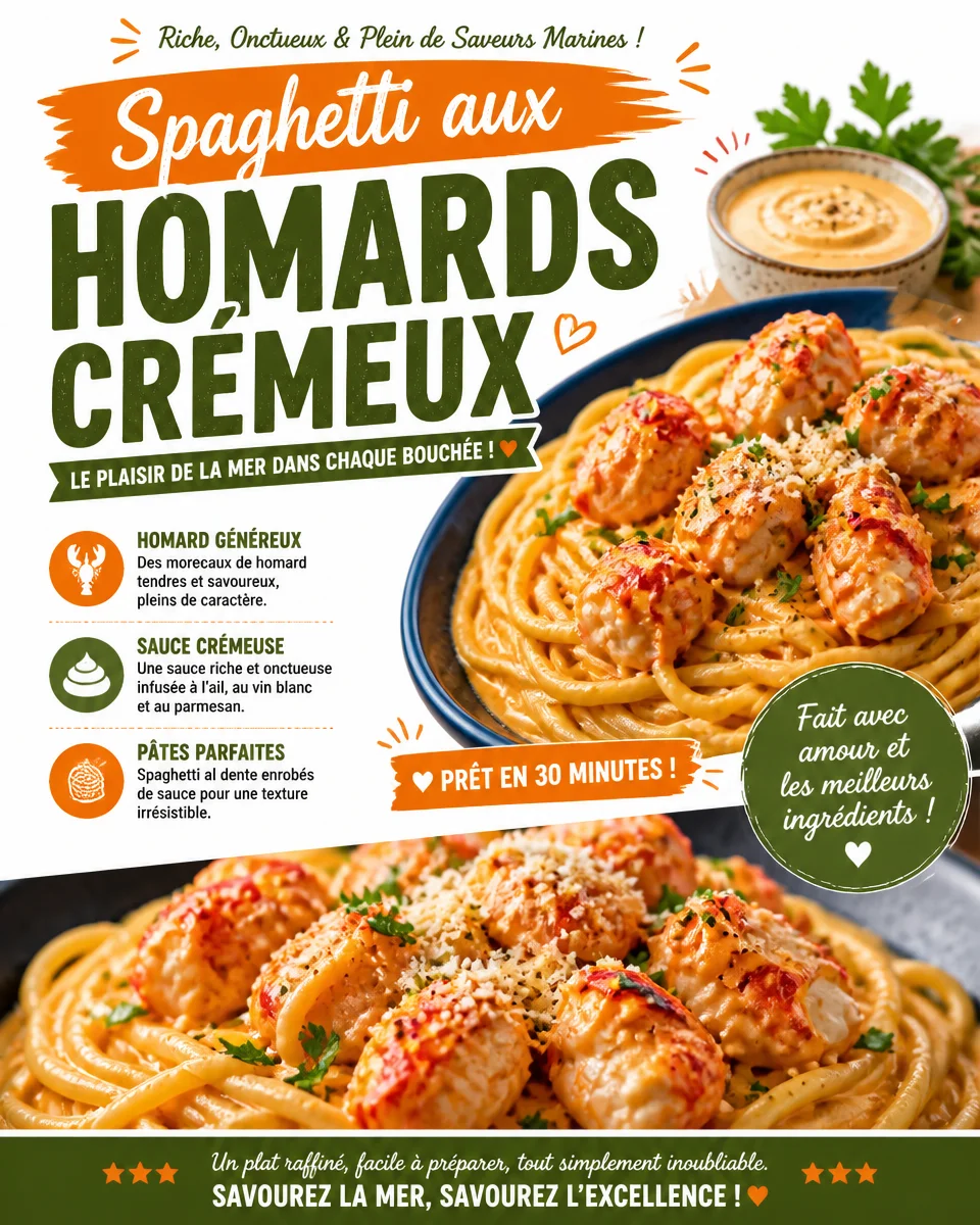 Plat de Spaghetti aux Homards Crémeux riche en saveurs et textures.