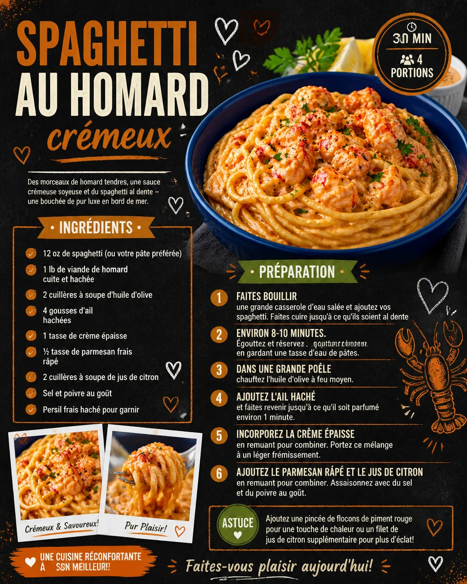 Spaghetti crémeux avec homard, plat délicieux de fruits de mer