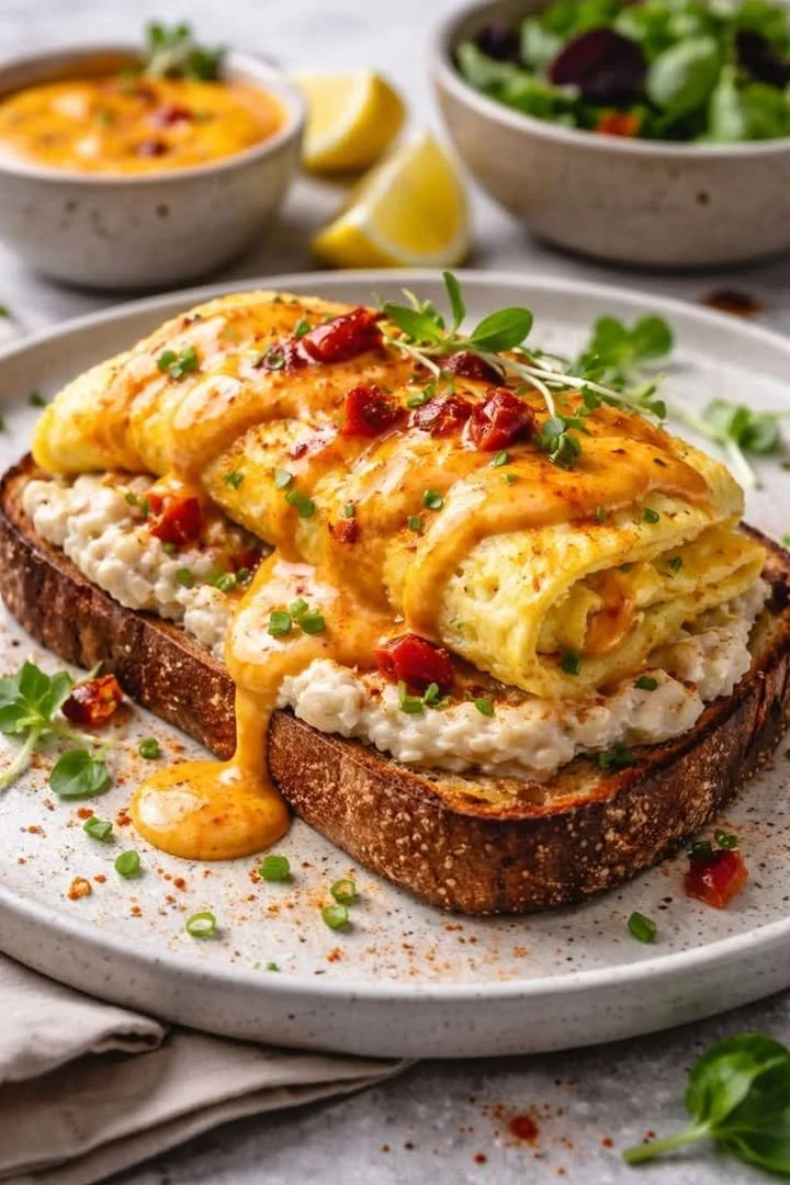 Toast aux &oelig;ufs cr&eacute;meux et sauce &eacute;pic&eacute;e