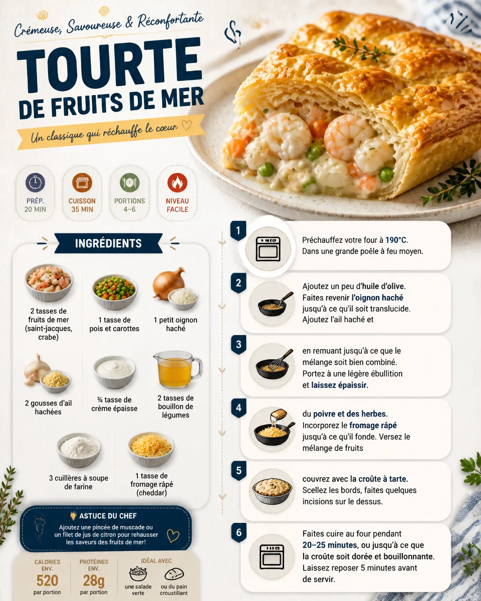 Tourte de fruits de mer délicieusement cuisinée avec des ingrédients frais.