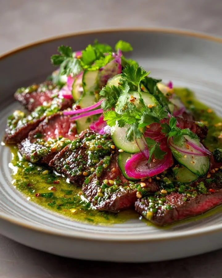 Tranches juteuses de steak accompagn&eacute;es d'une sauce lumineuse aux herbes et de l&eacute;gumes frais et croquants...