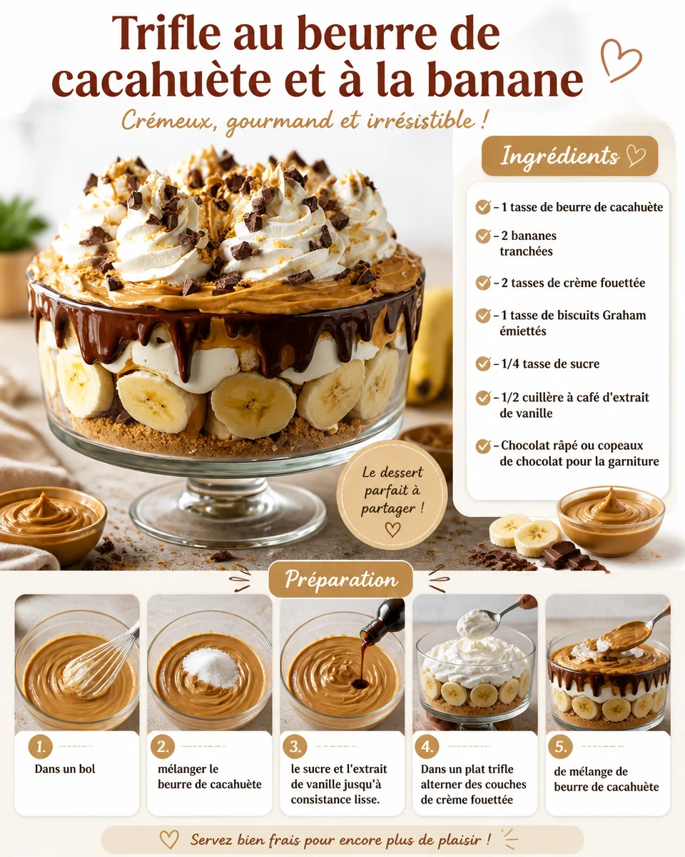 Trifle délicat avec beurre de cacahuète et banane, parfait pour le dessert.
