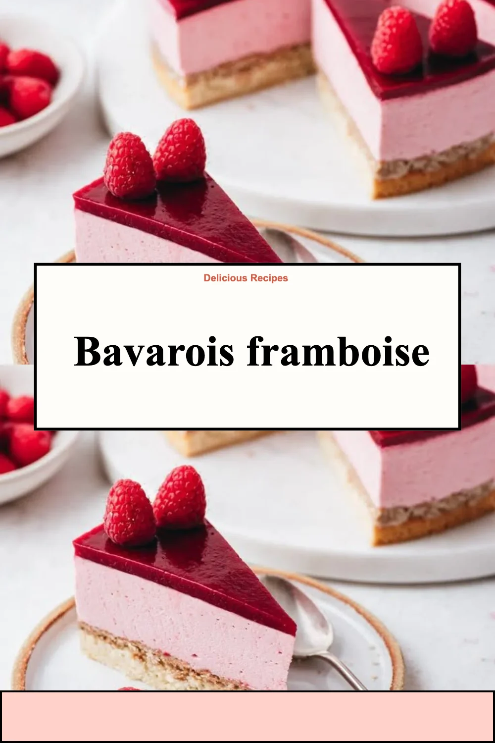 Bavarois framboise crémeux sur une assiette, décoré de framboises fraîches.