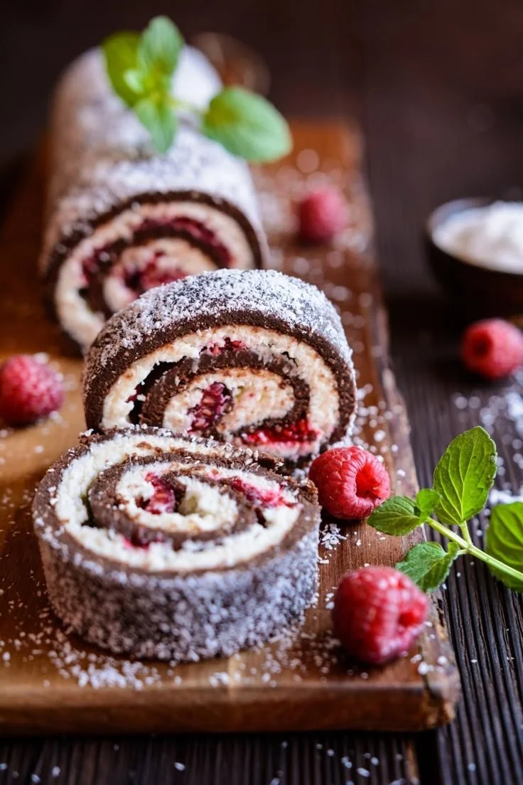 B&ucirc;che de No&euml;l l&eacute;g&egrave;re au chocolat, coco et framboises