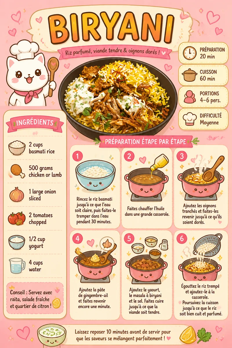 Biryani savoureux avec des épices et des ingrédients frais sur une assiette