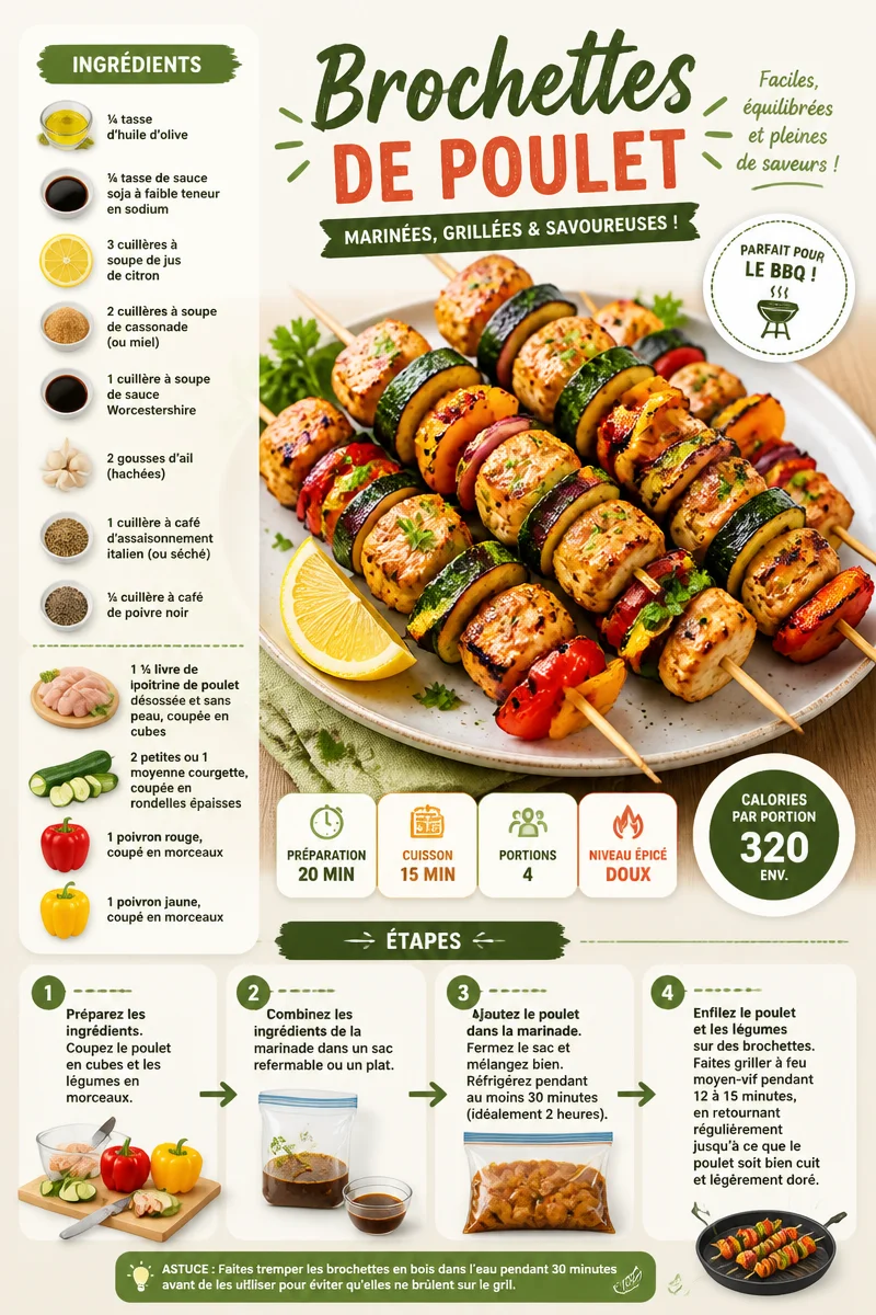 Brochettes de poulet grillées servies avec légumes colorés