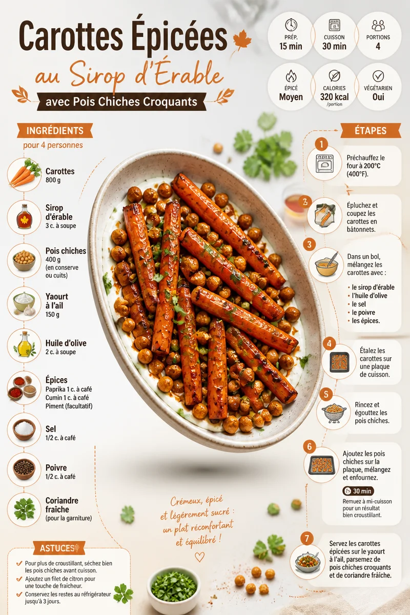 Carottes épicées au sirop d'érable avec pois chiches croquants dans un plat coloré