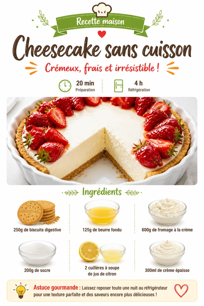 Recette de cheesecake sans cuisson, un dessert crémeux et savoureux.