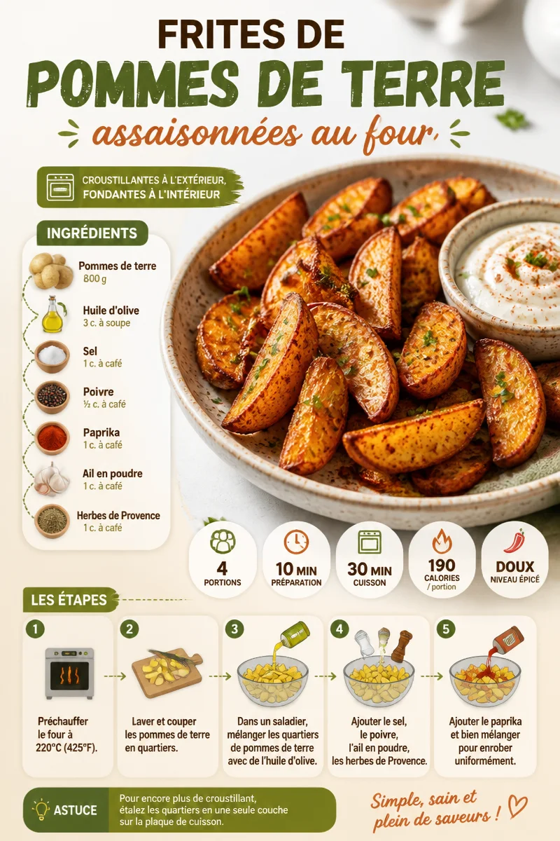Pommes de terre assaisonnées frites et cuites au four, prêtes à être dégustées.