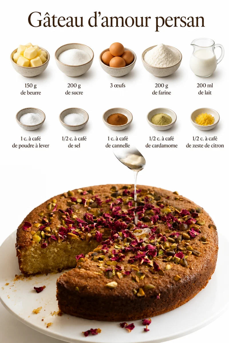 Gâteau d'amour persan servi sur une table avec des decorations sucrées