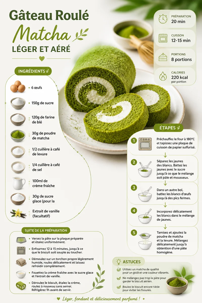 Gâteau Roulé Matcha léger et aéré, une douceur raffinée aux saveurs de thé vert