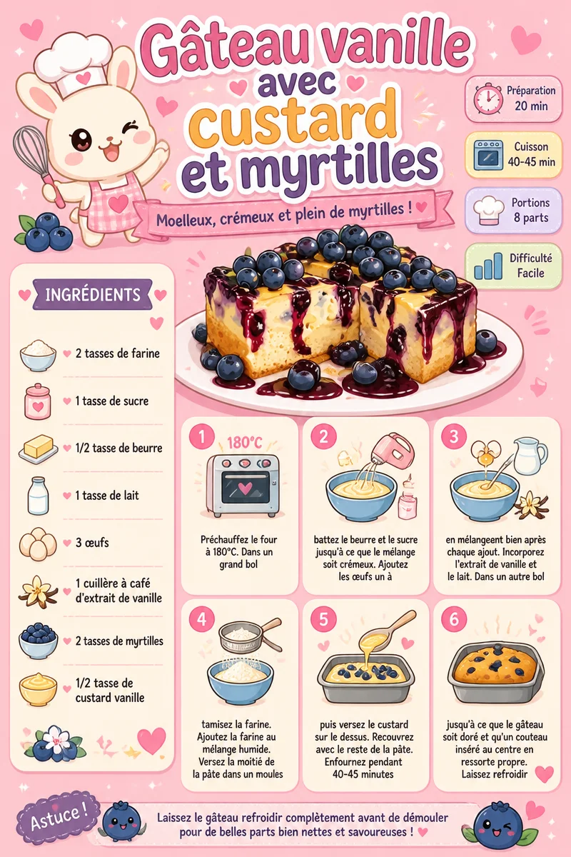 Gâteau vanille avec crème anglaise et myrtilles, un dessert irrésistible