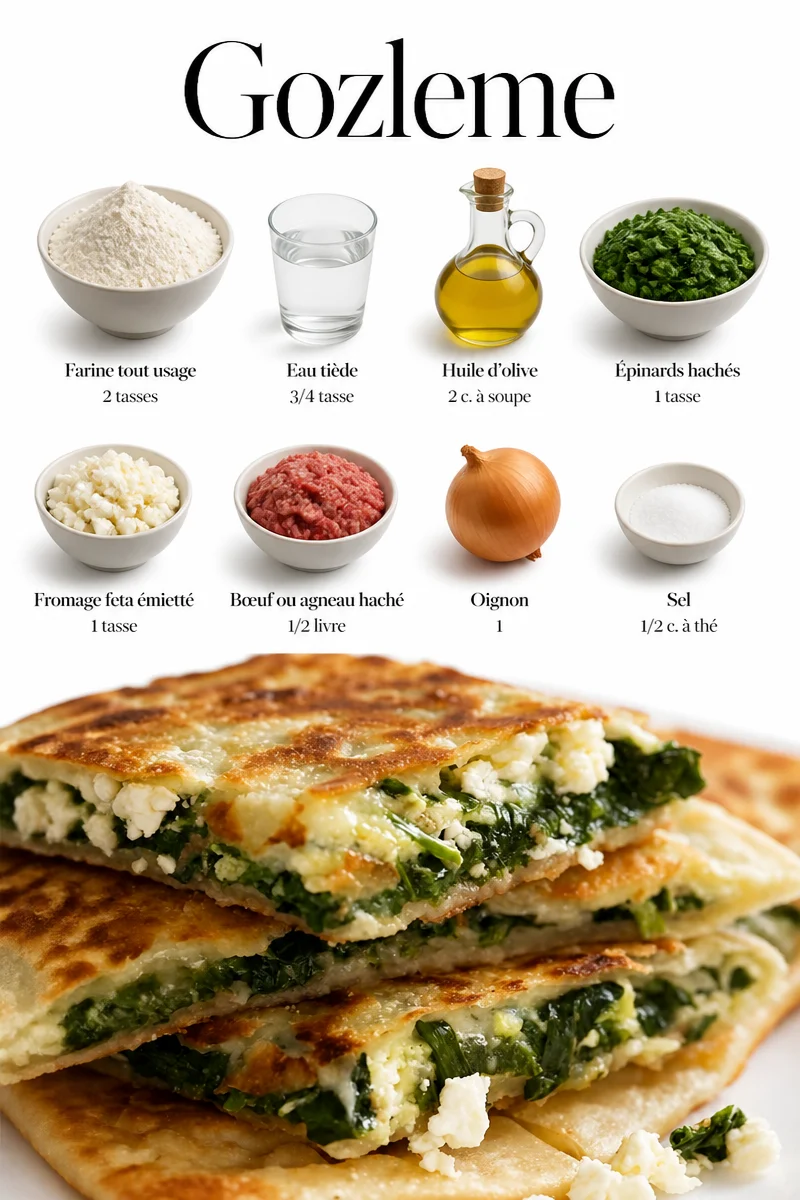Gozleme turc frais et savoureux, crêpe farcie aux légumes et viande.