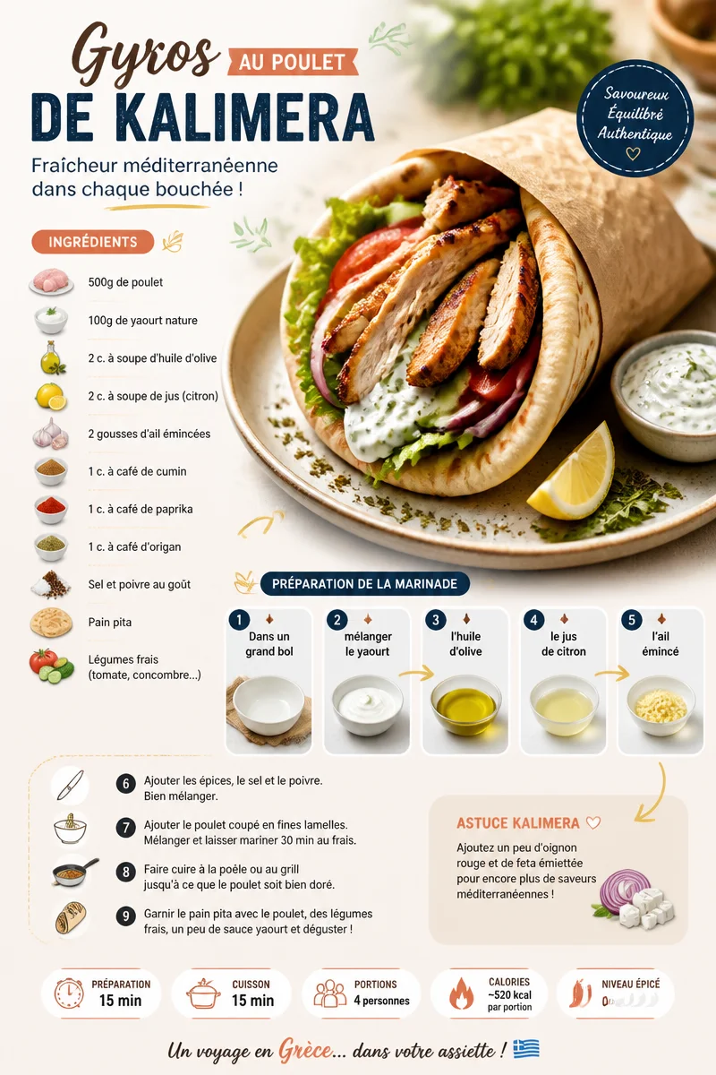Délicieux gyros au poulet de Kalimera servis avec salade et sauce
