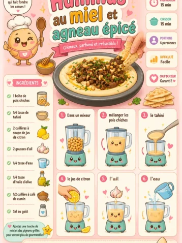 Hummus avec du miel et de l'agneau épicé, plat savoureux et crémeux.