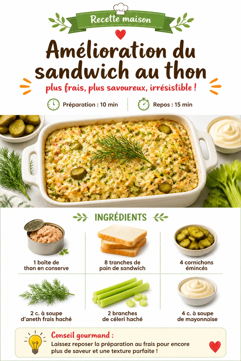 Amélioration d'un sandwich au thon avec des garnitures délicieuses et fraîches.