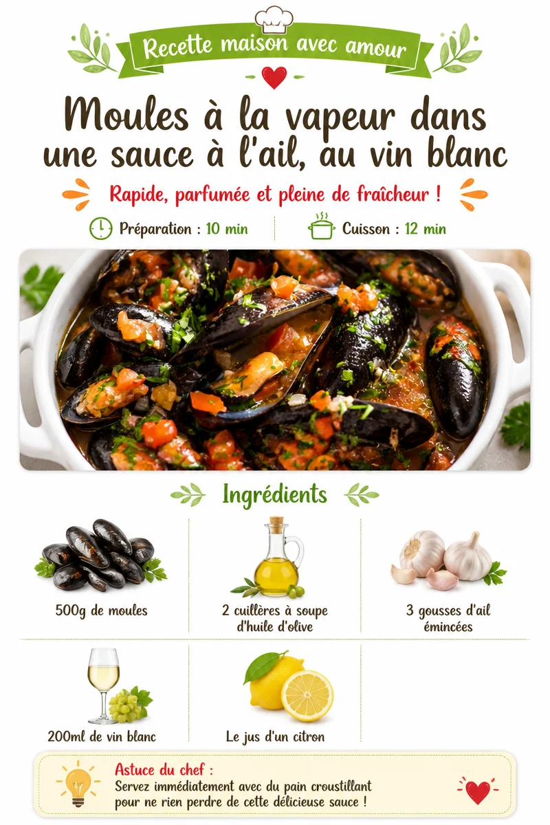 Moules cuites à la vapeur dans une sauce à l'ail et au vin blanc