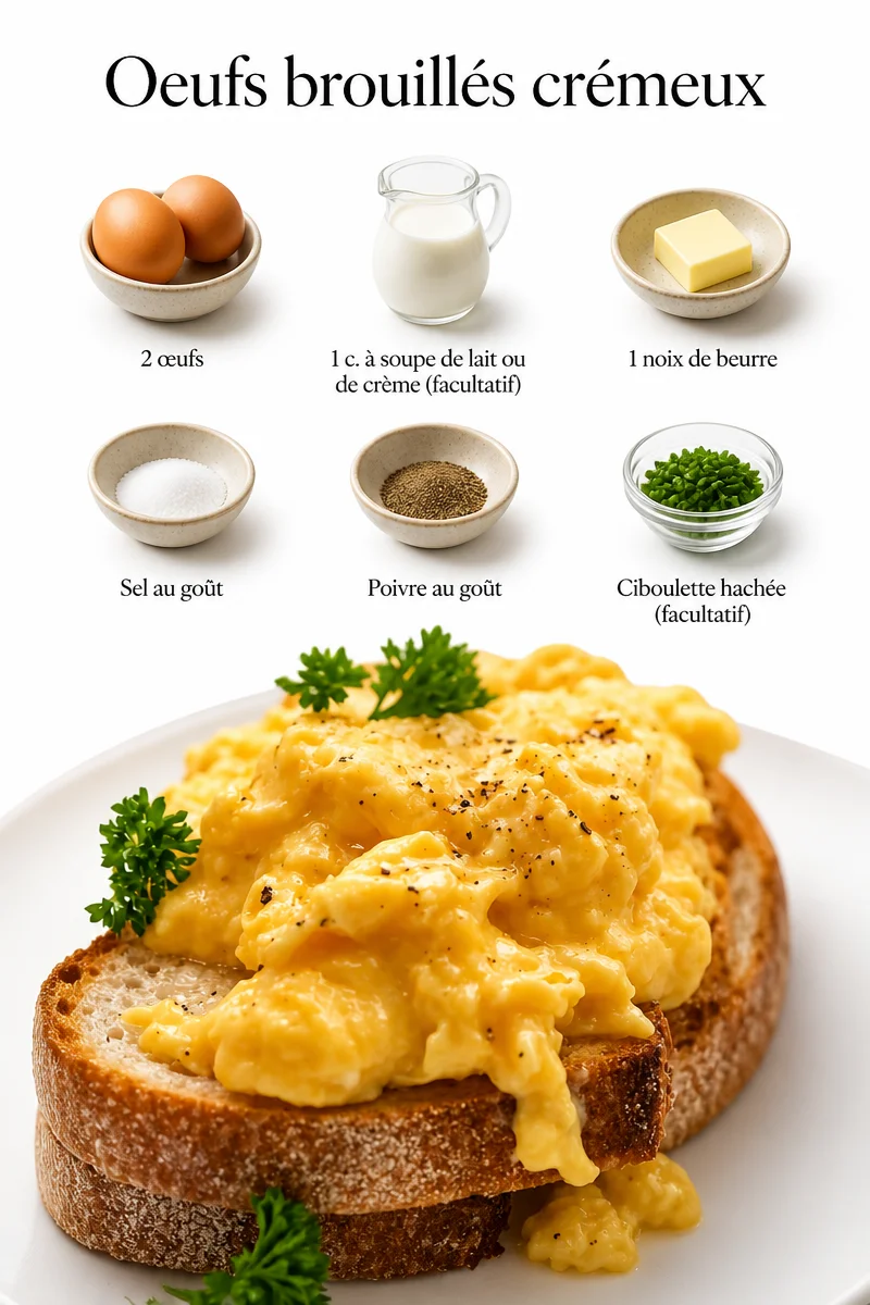 Oeufs brouillés crémeux dans une assiette, garnis de ciboulette fraîche.