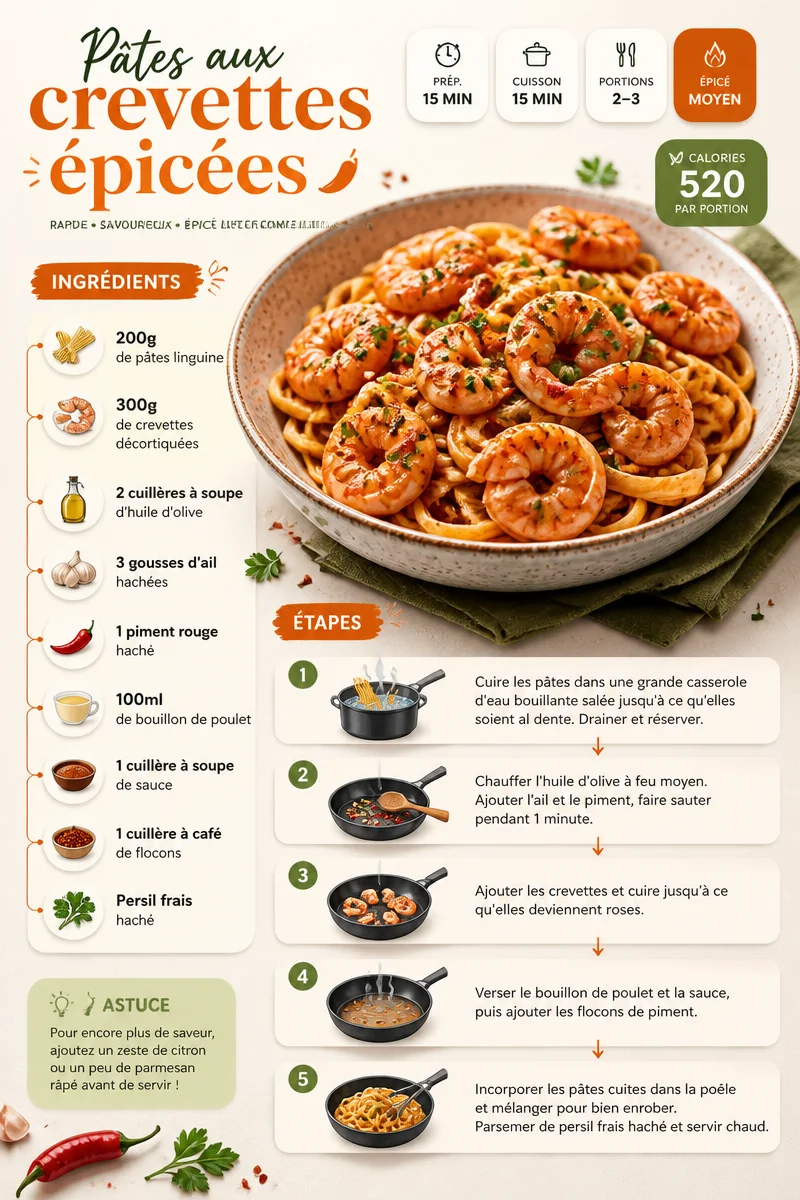 Pasta avec des crevettes épicées, un plat coloré et savoureux