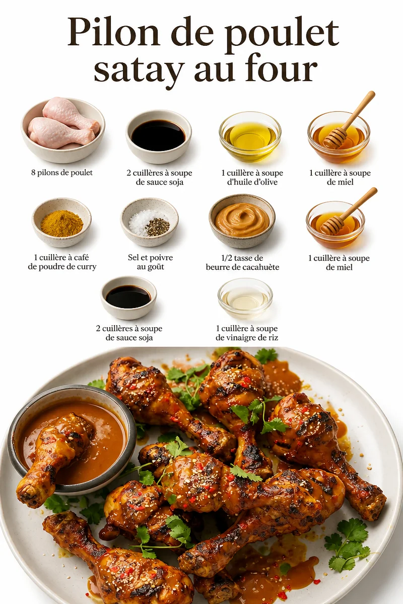 Recette de pilon de poulet satay au four, plat savoureux et appétissant.