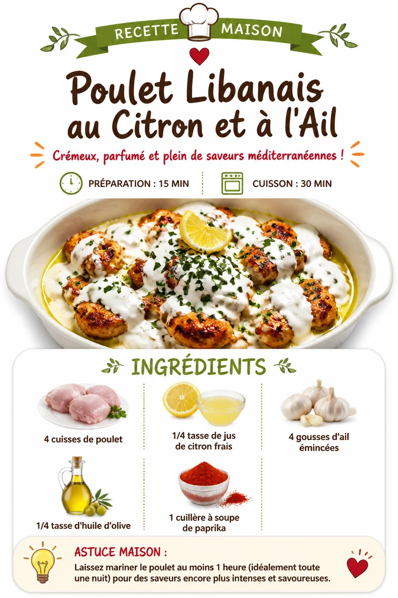 Poulet libanais au citron et à l'ail, plat savoureux et aromatique.
