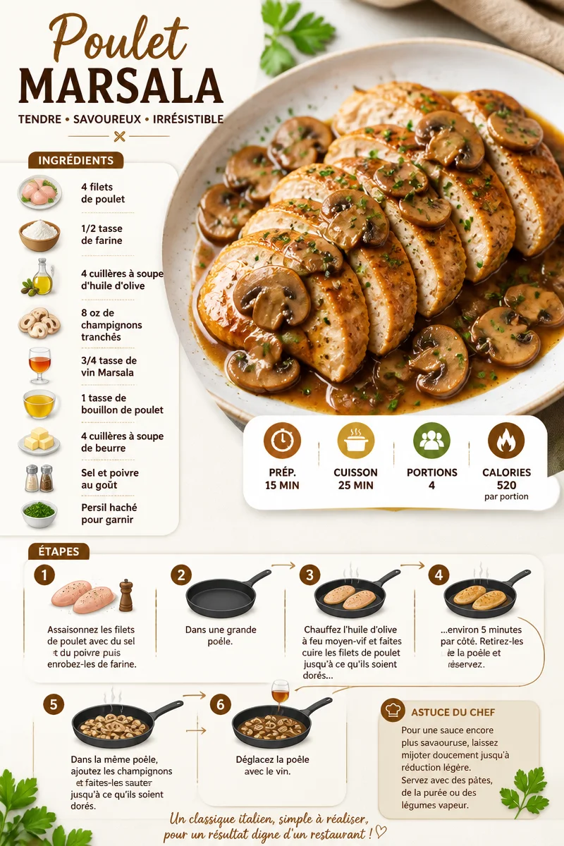 Plat de Poulet Marsala avec sauce aux champignons et accompagnement
