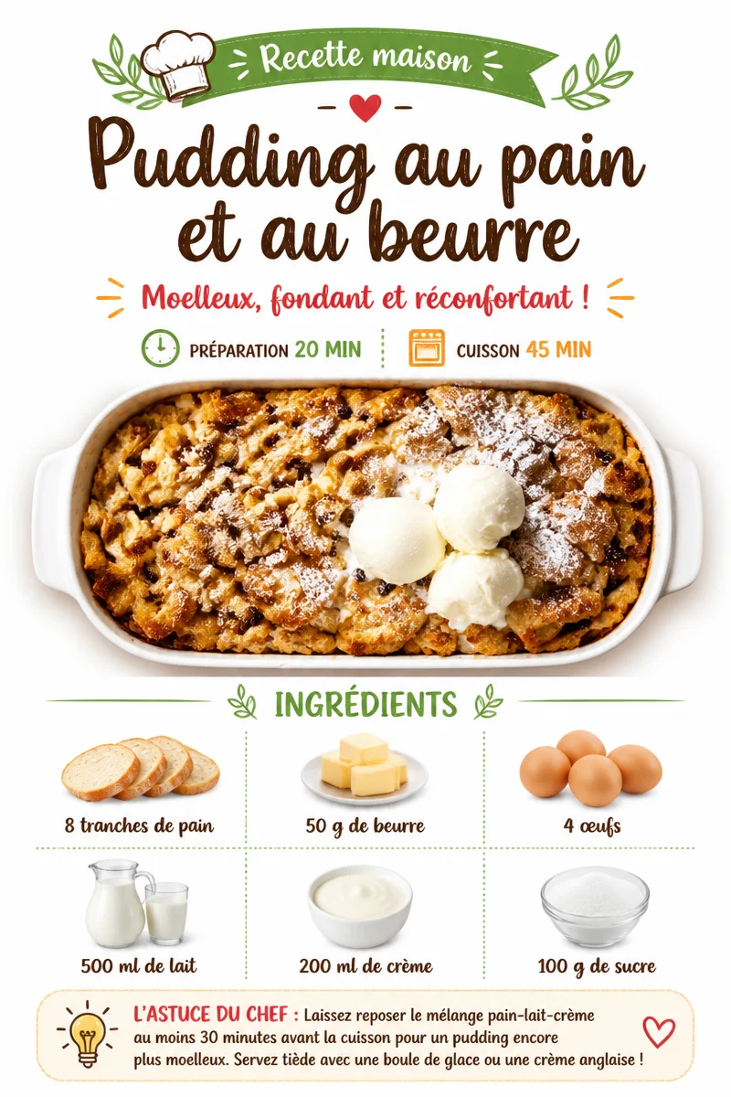 Recette de pudding au pain et au beurre, dessert savoureux et réconfortant.
