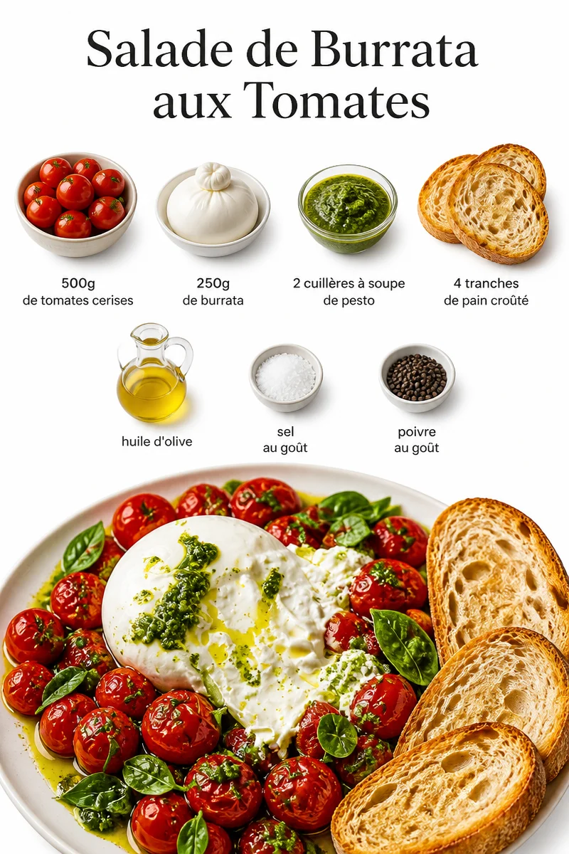 Salade de Burrata aux Tomates garnie d'herbes fraîches et d'huile d'olive