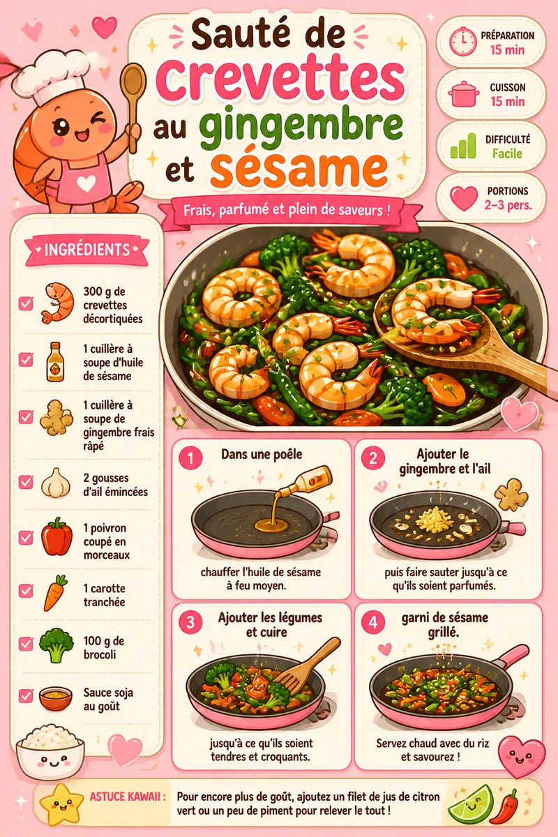 Sauté de crevettes au gingembre et sésame, plat savoureux et aromatique.