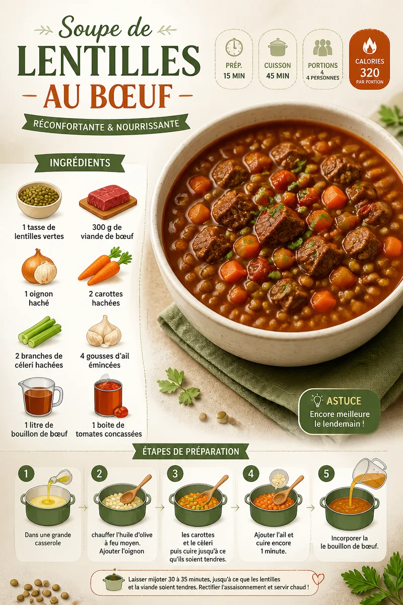 Soupe de lentilles au boeuf chaude servie dans un bol