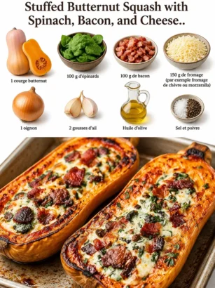 Courge butternut farcie aux épinards, bacon et fromage, plat d'automne savoureux.