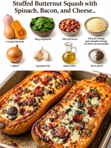 Courge butternut farcie aux épinards, bacon et fromage, plat d'automne savoureux.