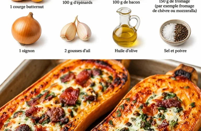 Courge butternut farcie aux épinards, bacon et fromage, plat d'automne savoureux.