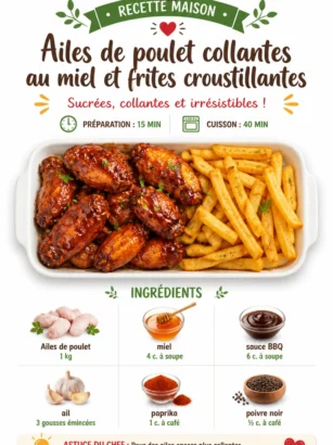 Ailes de poulet collantes au miel avec frites croustillantes sur une assiette.