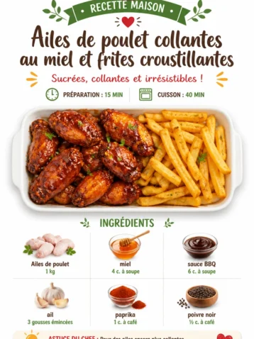 Ailes de poulet collantes au miel avec frites croustillantes sur une assiette.