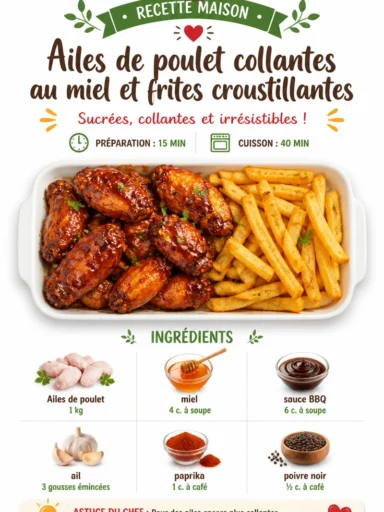 Ailes de poulet collantes au miel avec frites croustillantes sur une assiette.