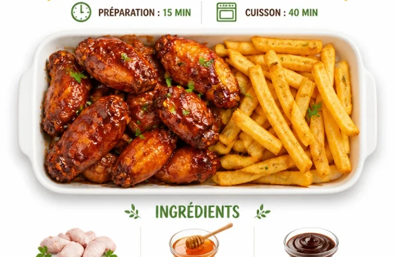 Ailes de poulet collantes au miel avec frites croustillantes sur une assiette.