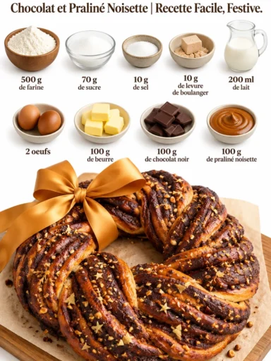 Babka couronne de Noël au chocolat et praliné noisette, idéale pour le brunch
