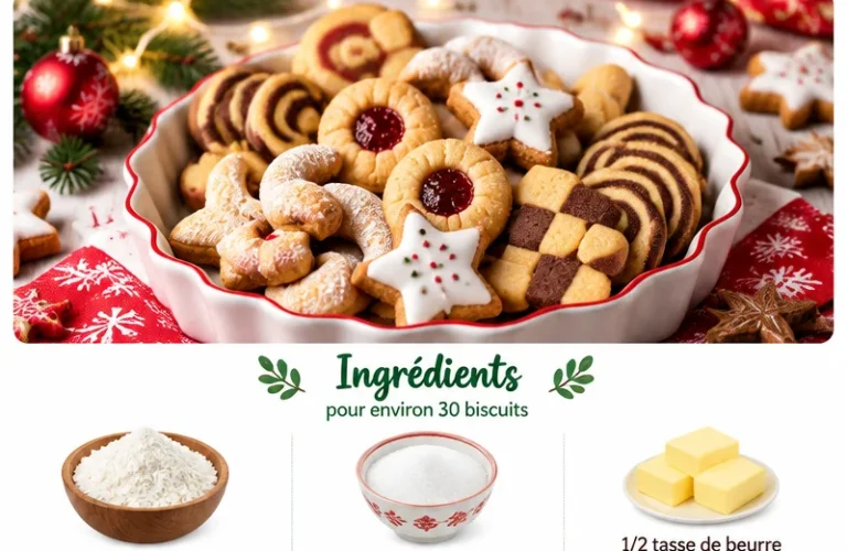 Assortiment de Biscuits de Noël et Bredele sur une table décorée pour les fêtes.