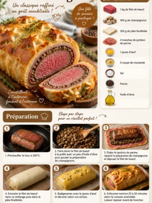 Boeuf Wellington savoureux avec une croûte dorée et garniture délicate.