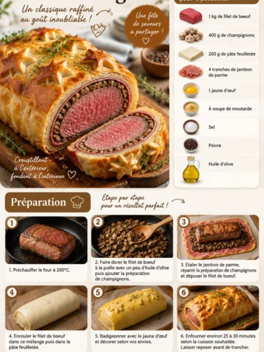Boeuf Wellington savoureux avec une croûte dorée et garniture délicate.