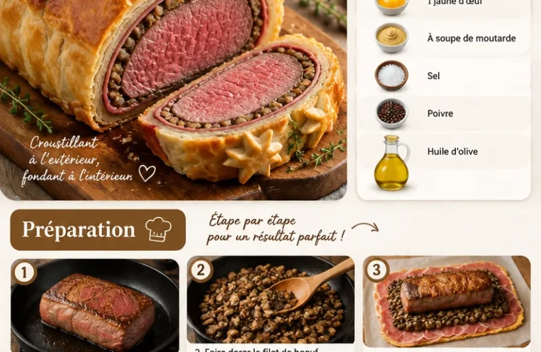 Boeuf Wellington savoureux avec une croûte dorée et garniture délicate.